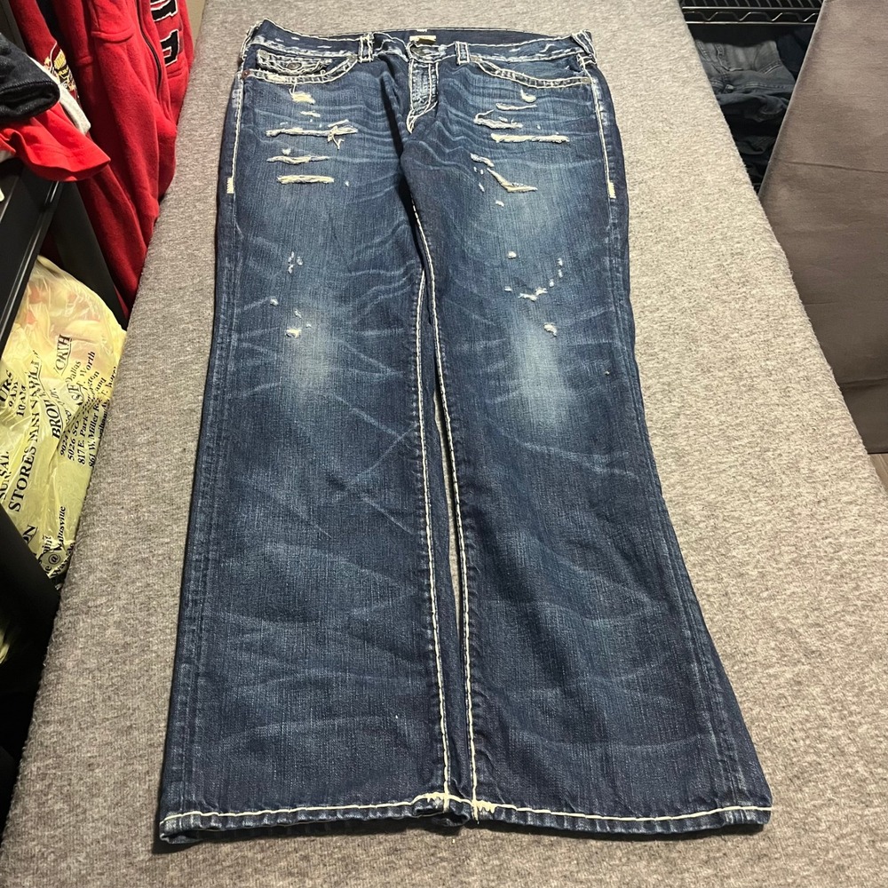 True Religion Ricky Relaxed Straight Baggy Distressed Super T Jeans 38x35 Indigo